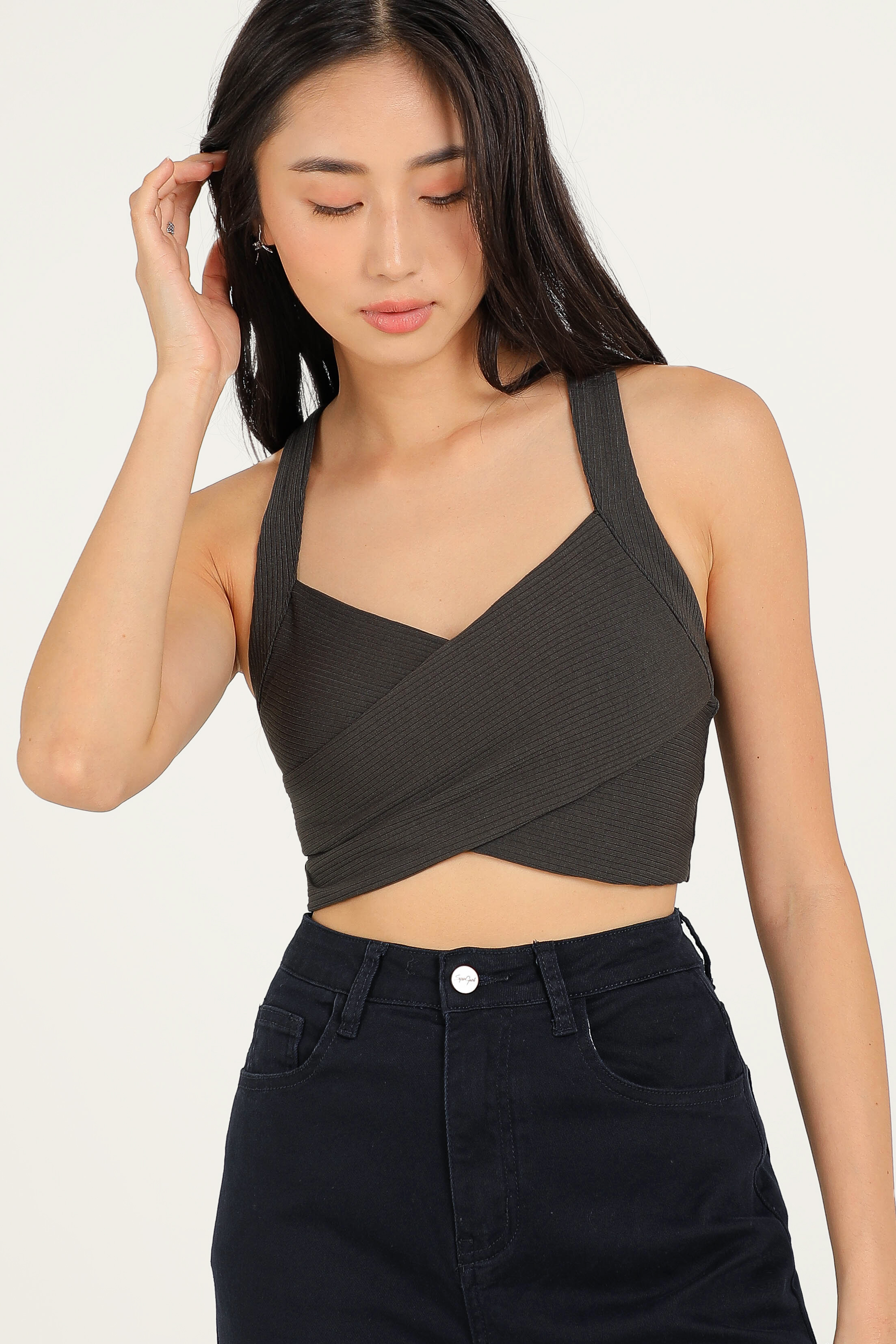 CALISTA CRISS CROSS PADDED TOP (DARK GREY)