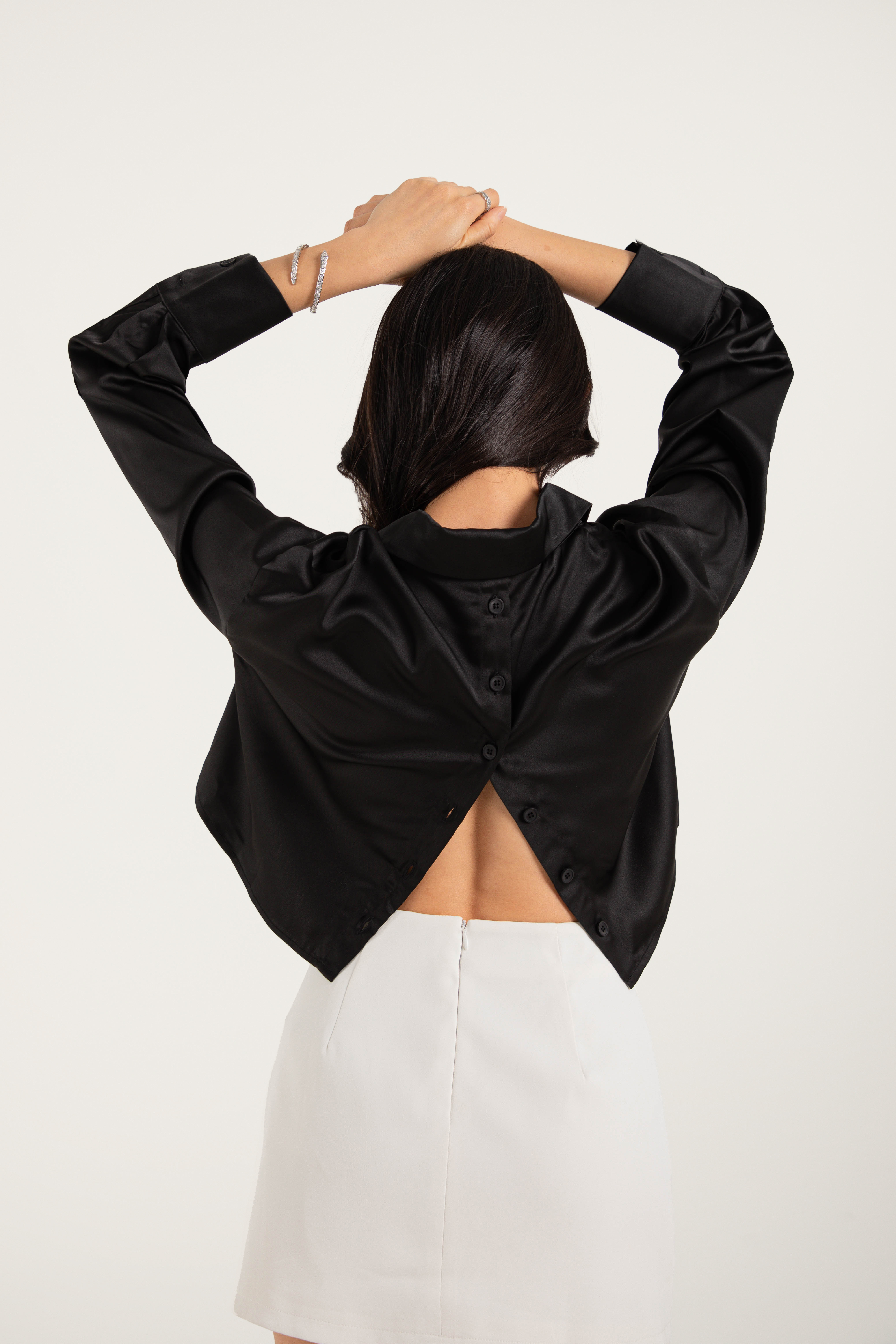 BUTTON BACK SATIN SHIRT (BLACK)