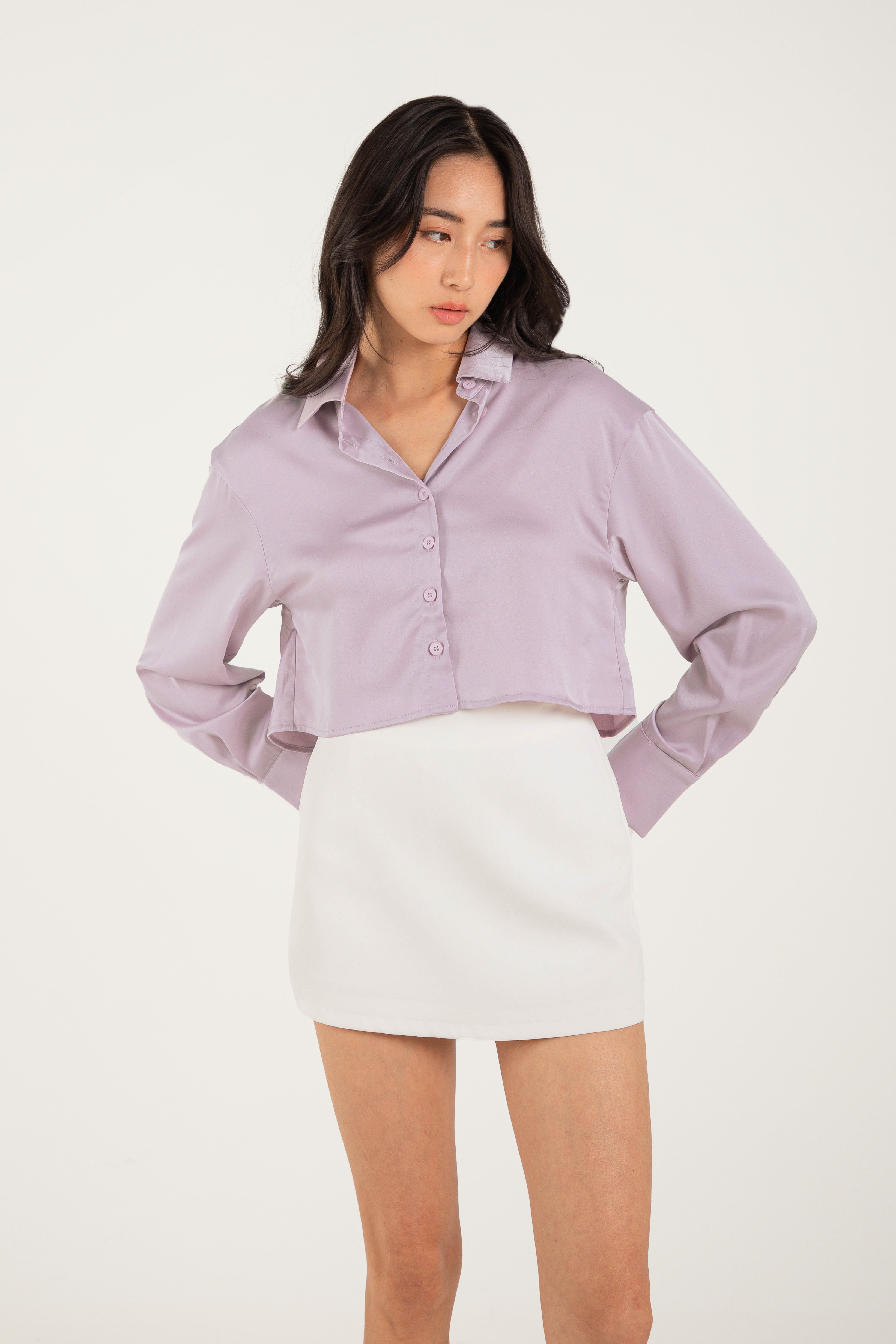 BUTTON BACK SATIN SHIRT (LILAC)