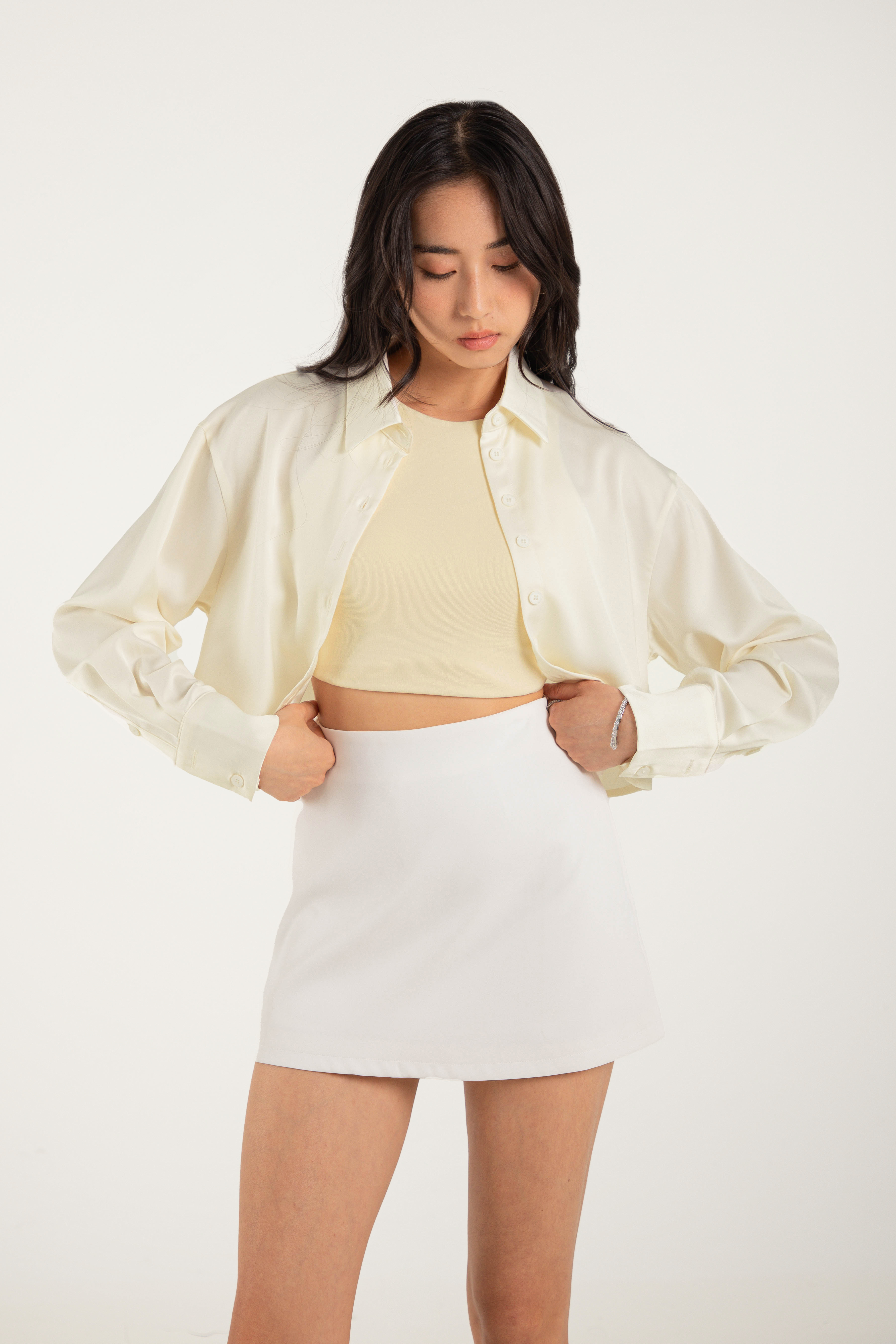 BUTTON BACK SATIN SHIRT (PEARL WHITE)