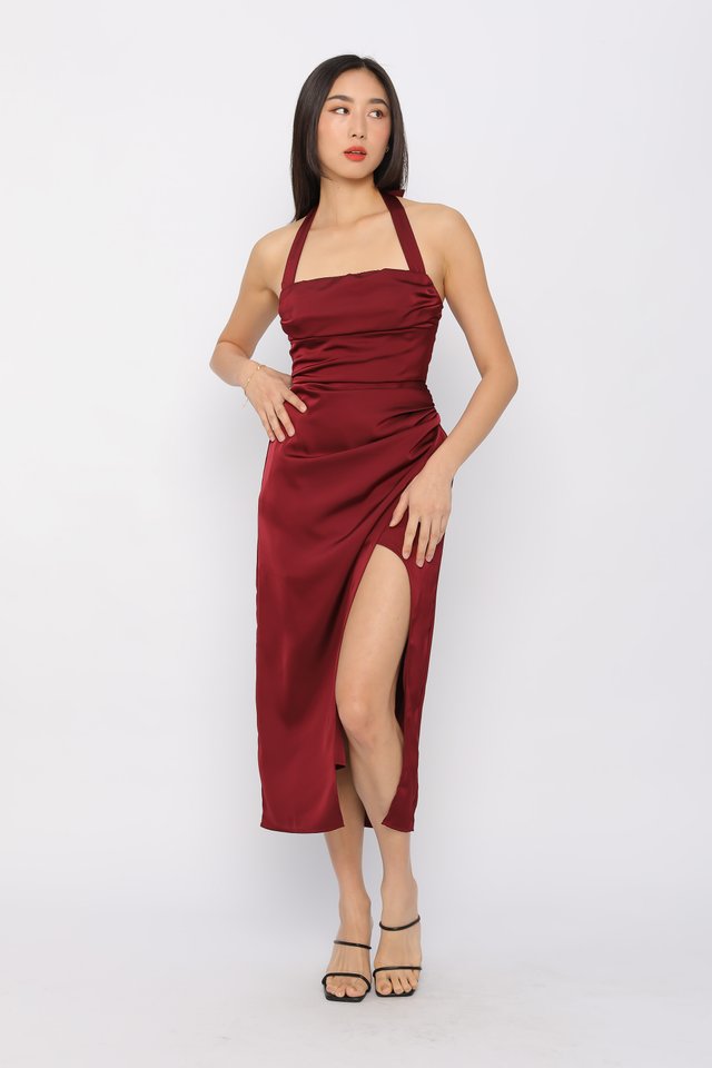SELENE SATIN HALTER DRESS (WINE RED)