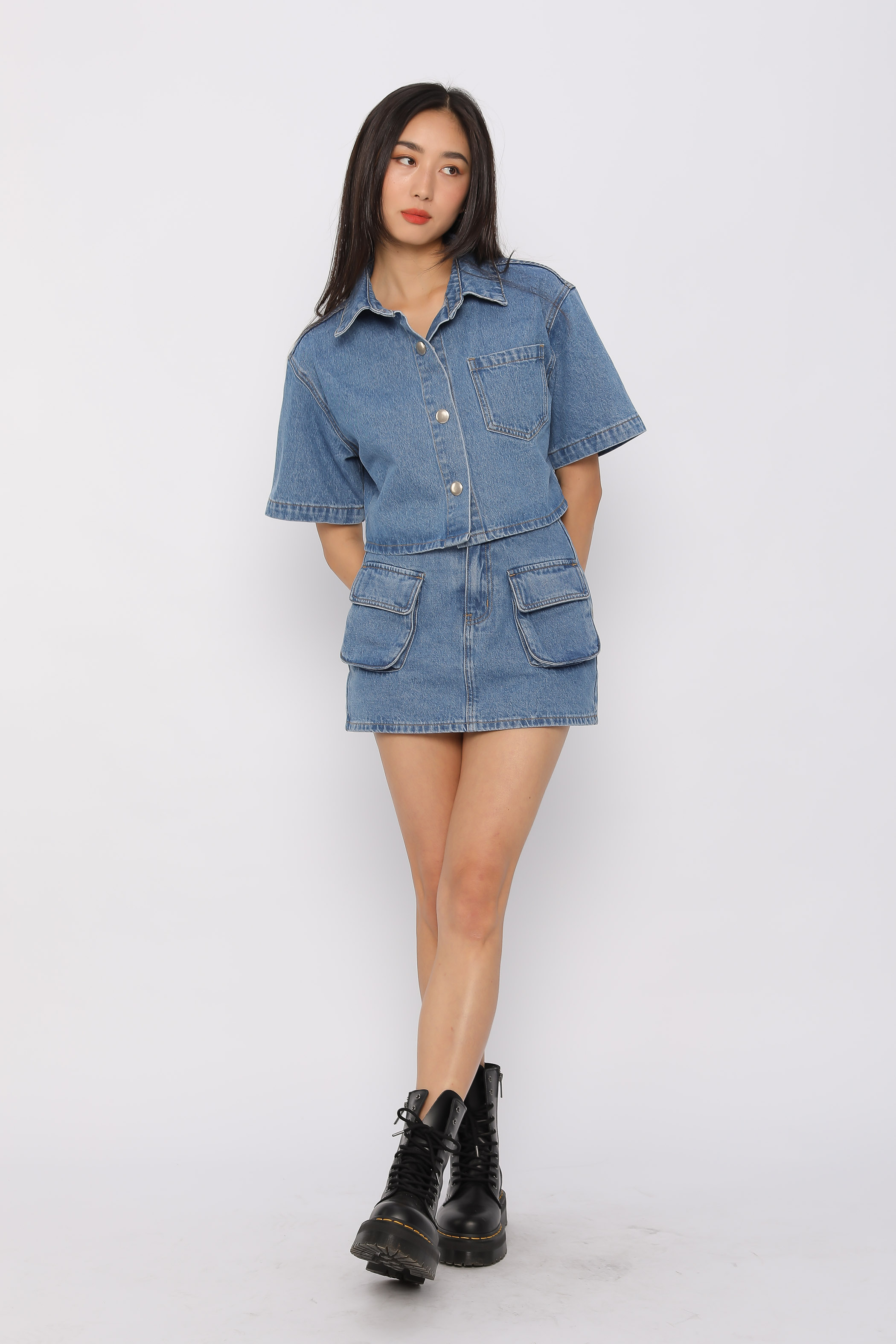 DONNA DENIM CROP SHIRT (BLUE)