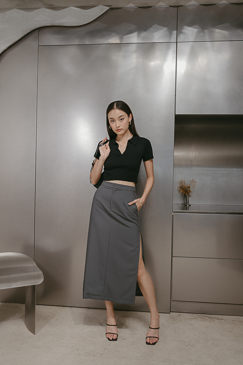 SIDE SLIT MAXI SKIRT (GREY)