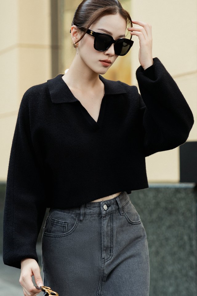 CARL COLLAR KNIT TOP (BLACK)