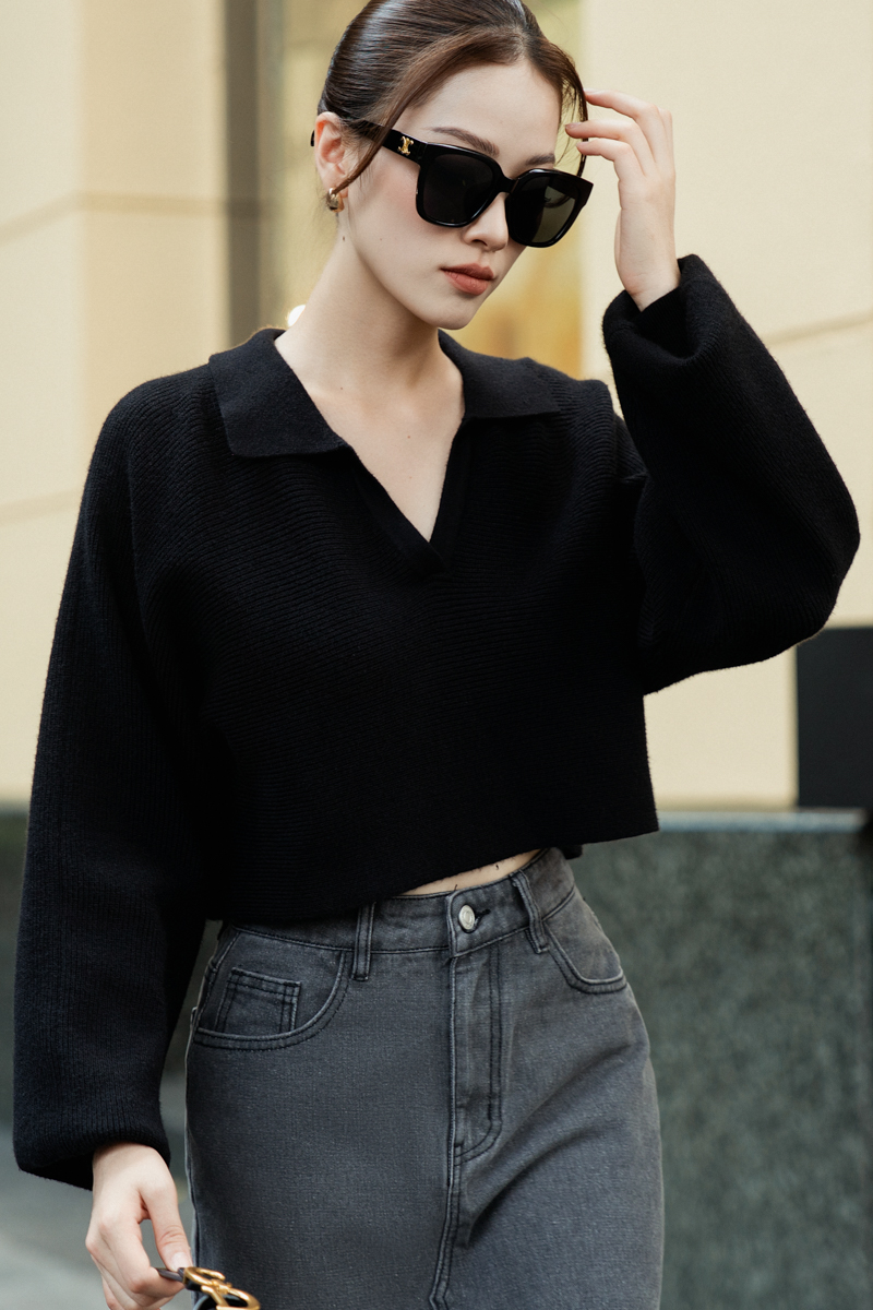 CARL COLLAR KNIT TOP (BLACK)