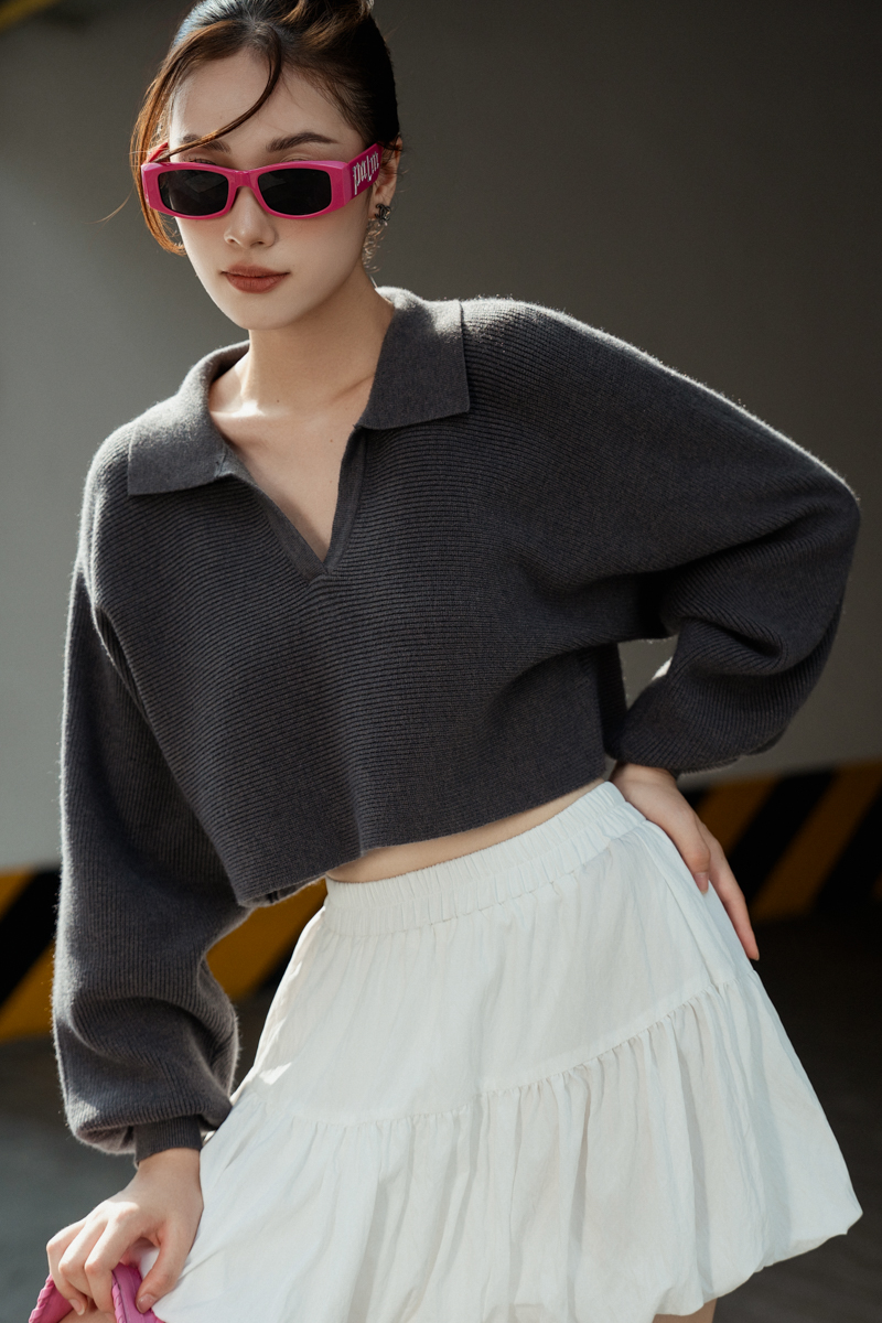 CARL COLLAR KNIT TOP (DARK GREY)