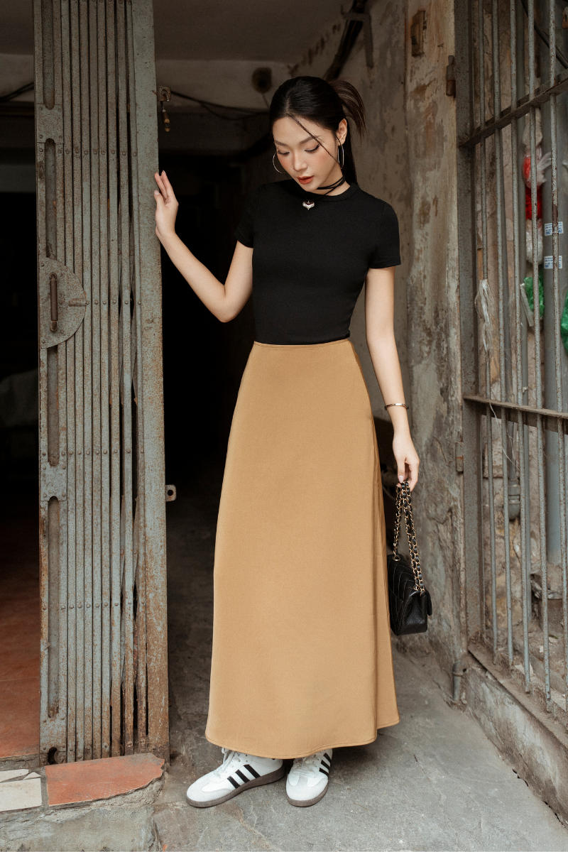 ALINA A-LINE MAXI SKIRT (BROWN)