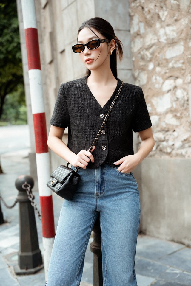 THEA TWEED BLOUSE (BLACK)