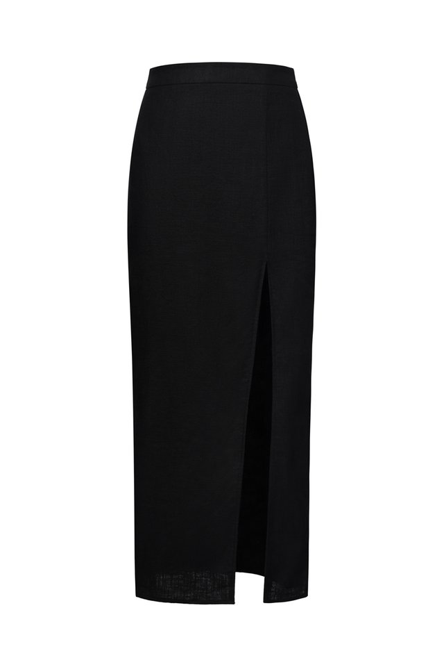 TERRA THIGH SLIT LINEN SKIRT (BLACK)