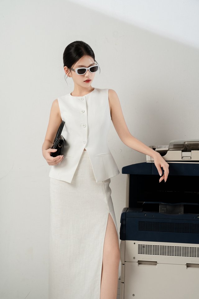 TERRA THIGH SLIT LINEN SKIRT (WHITE)