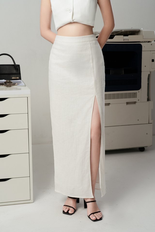 TERRA THIGH SLIT LINEN SKIRT (WHITE)