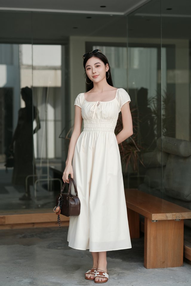 SHELBY SMOCKED WAIST PADDED MAXI (CREAM)