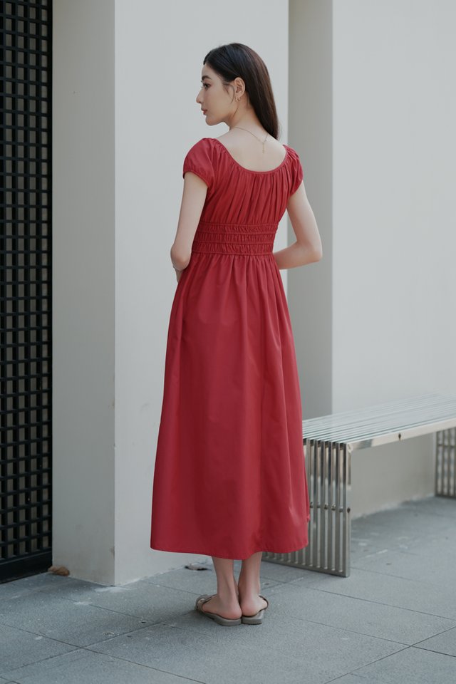 SHELBY SMOCKED WAIST PADDED MAXI (GARNET RED)