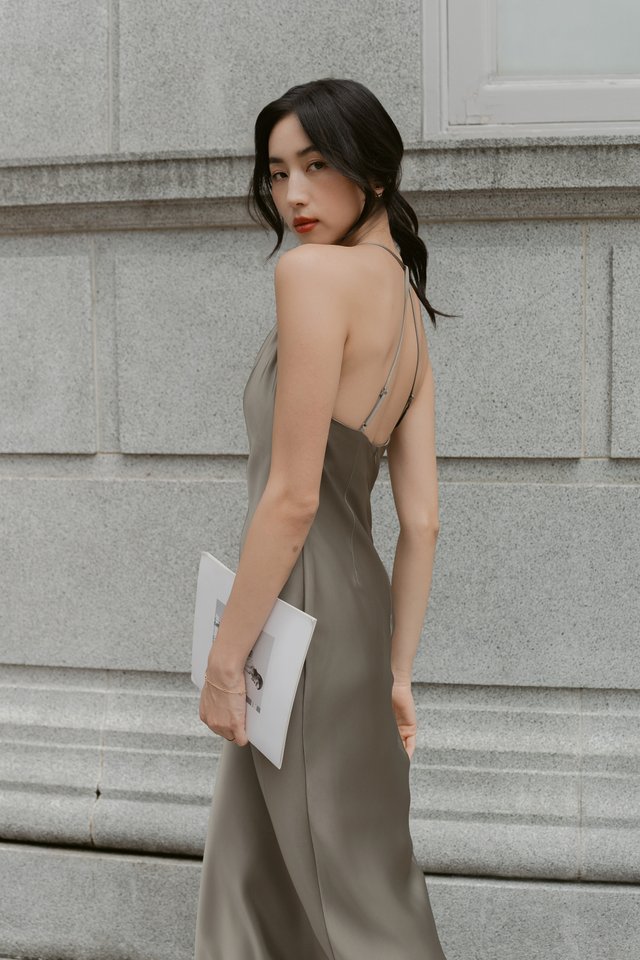 CALLA COWL NECK X-BACK DRESS (DARK GREEN)