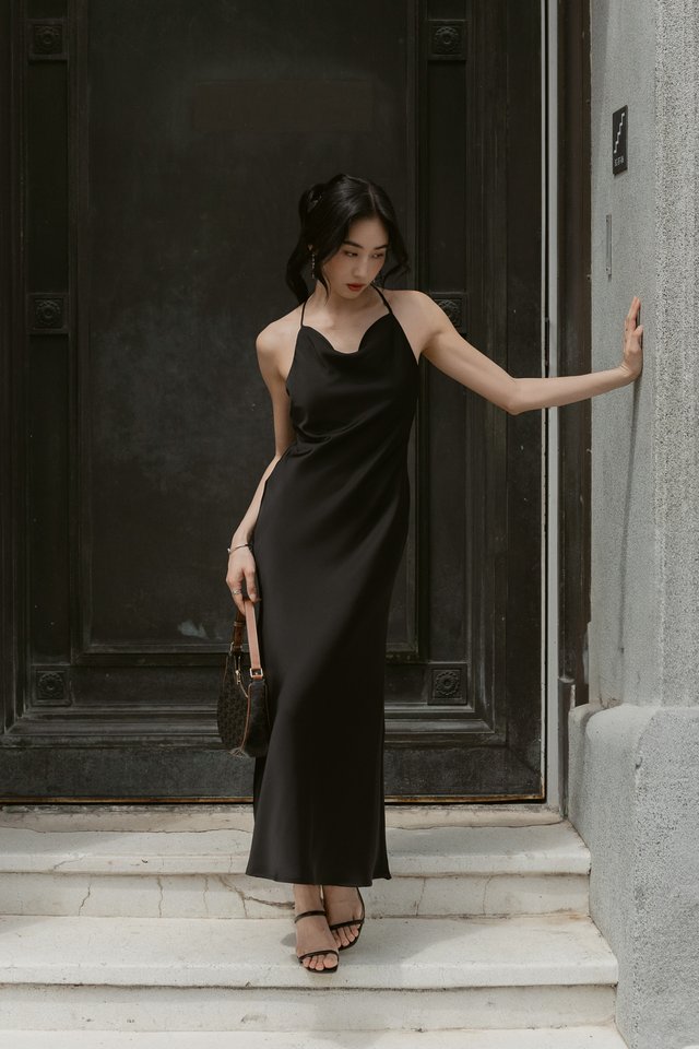 CALLA COWL NECK X-BACK DRESS (BLACK)