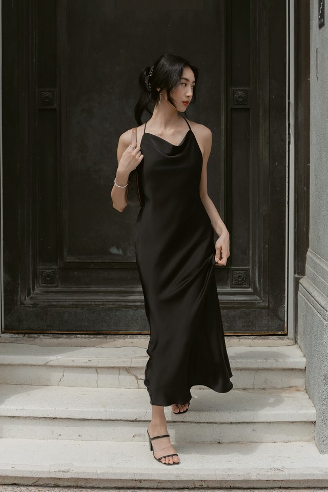 CALLA COWL NECK X-BACK DRESS (BLACK)