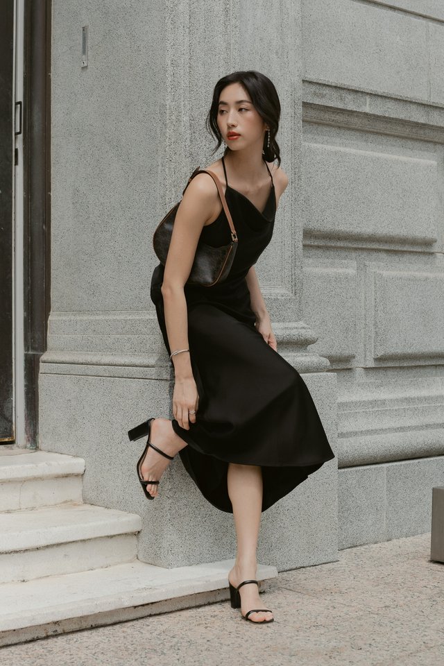 CALLA COWL NECK X-BACK DRESS (BLACK)