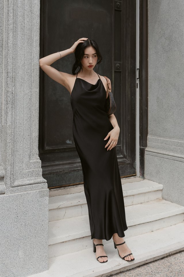 CALLA COWL NECK X-BACK DRESS (BLACK)