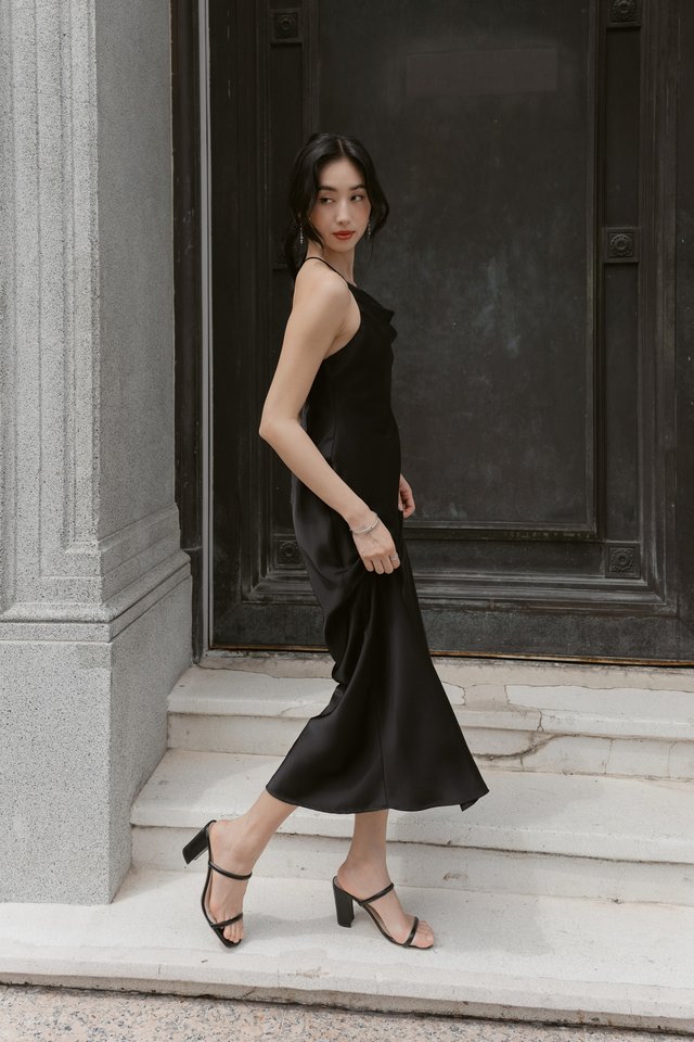 CALLA COWL NECK X-BACK DRESS (BLACK)