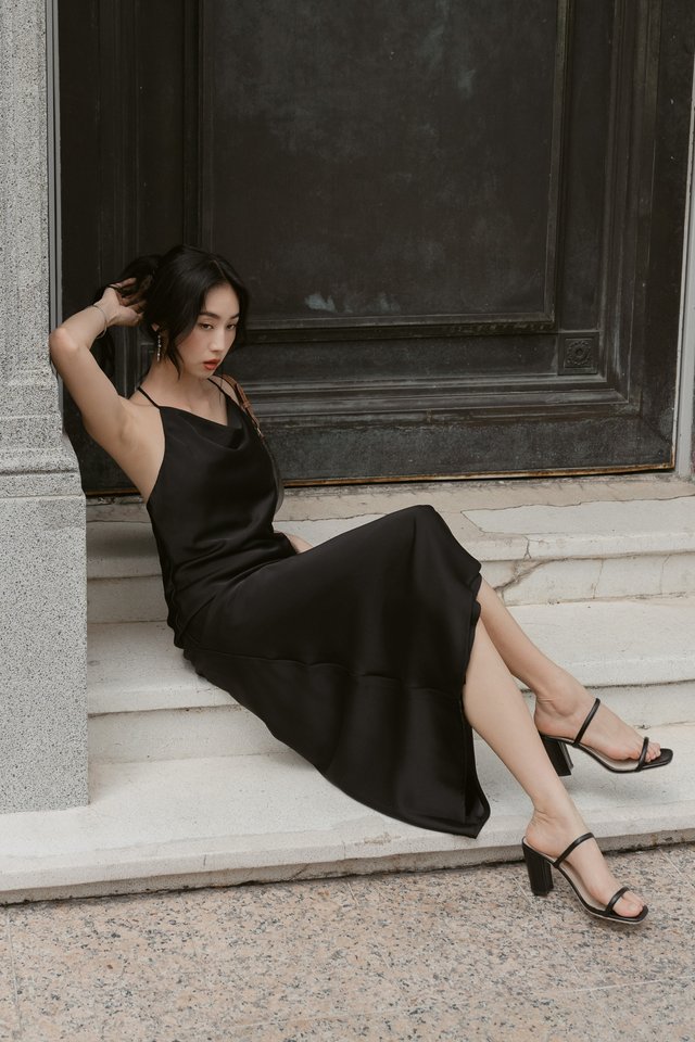 CALLA COWL NECK X-BACK DRESS (BLACK)