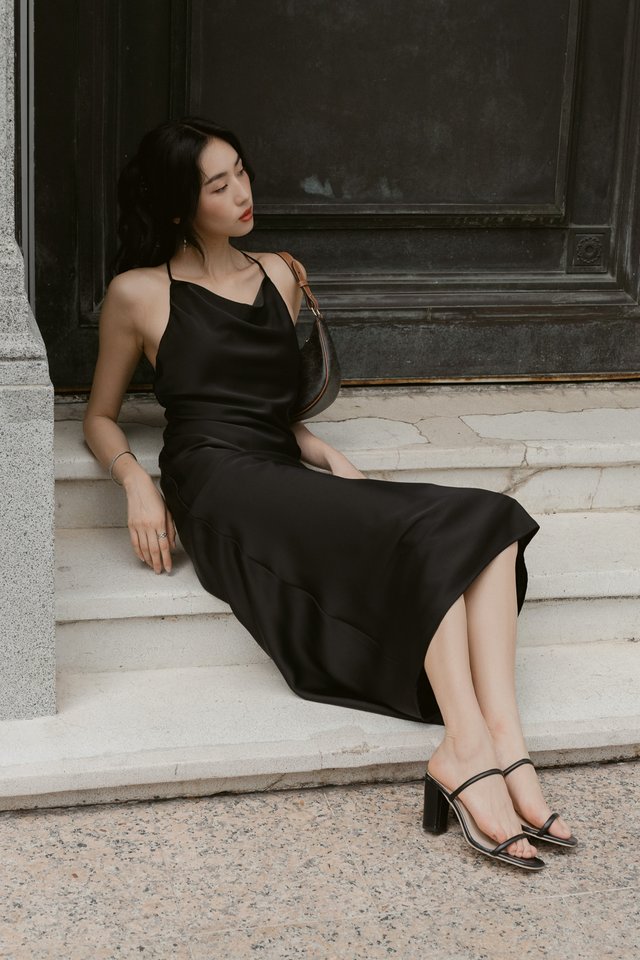 CALLA COWL NECK X-BACK DRESS (BLACK)