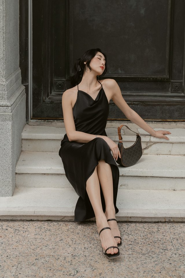 CALLA COWL NECK X-BACK DRESS (BLACK)