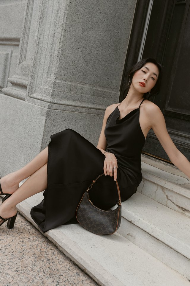 CALLA COWL NECK X-BACK DRESS (BLACK)
