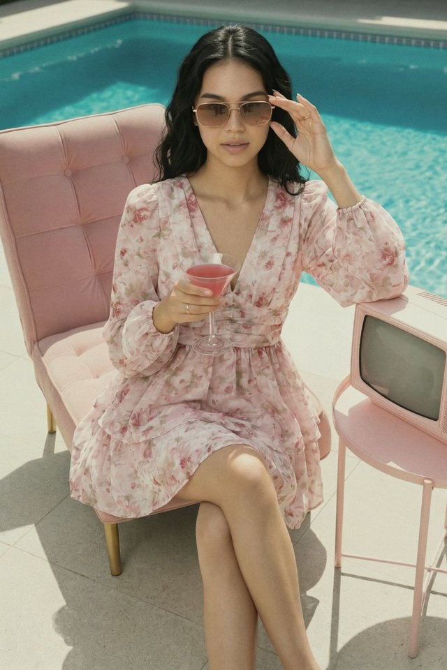 FIA FLORAL V-NECK DRESS (PINK)