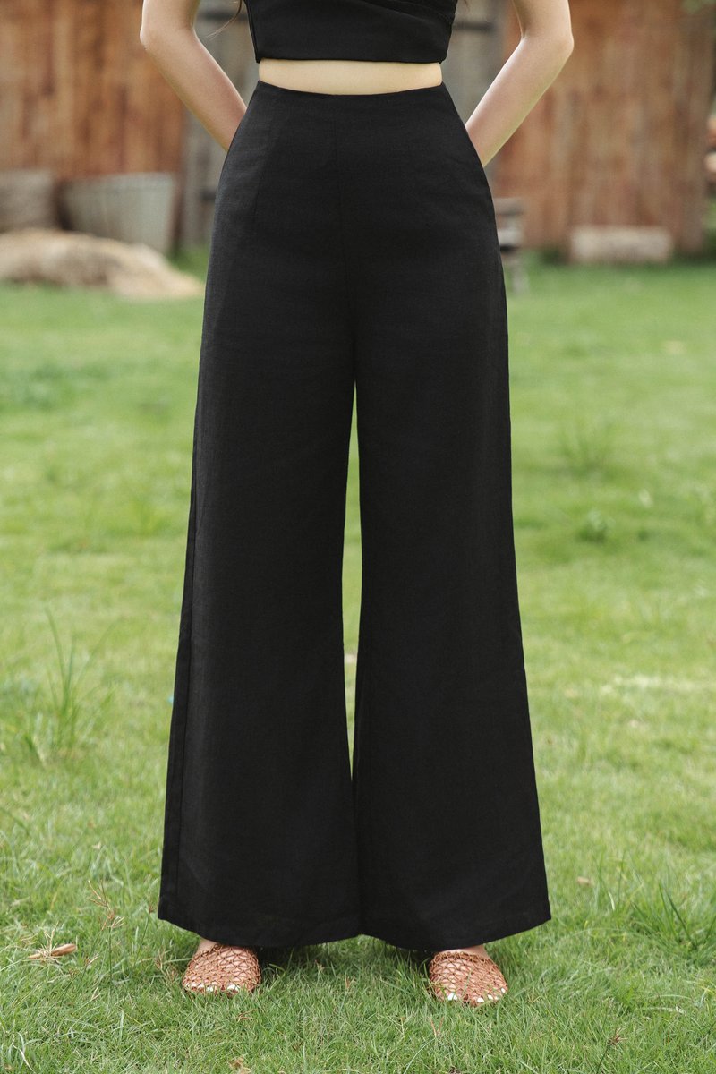 WYLIE FAUX LINEN WIDE LEG PANTS (BLACK)