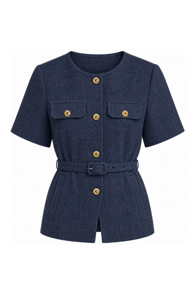 SUZY SLEEVED TWEED TOP (NAVY)