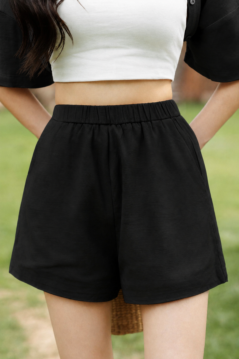 FAWN FAUX LINEN SHORTS (BLACK)