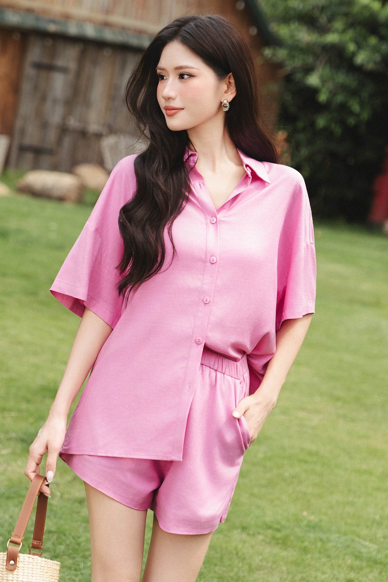 FABLE FAUX LINEN SHORT SLEEVE SHIRT (ORCHID PINK)