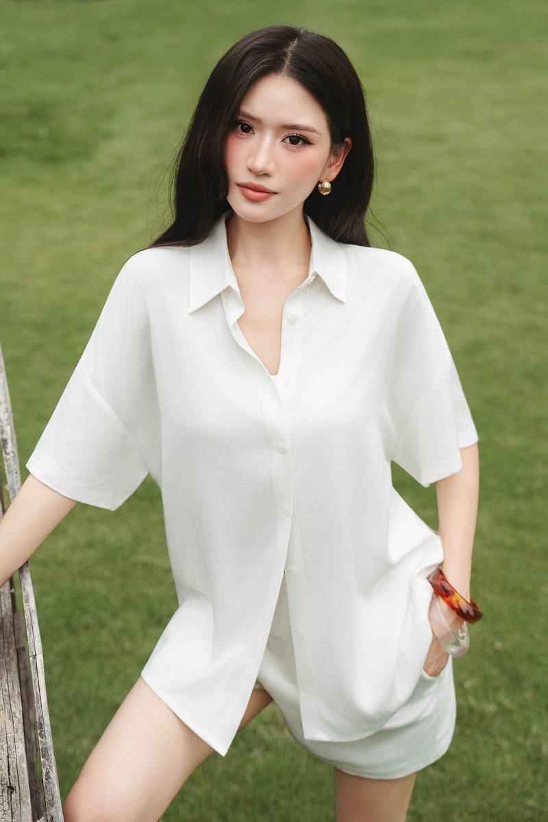 FABLE FAUX LINEN SHORT SLEEVE SHIRT (WHITE)