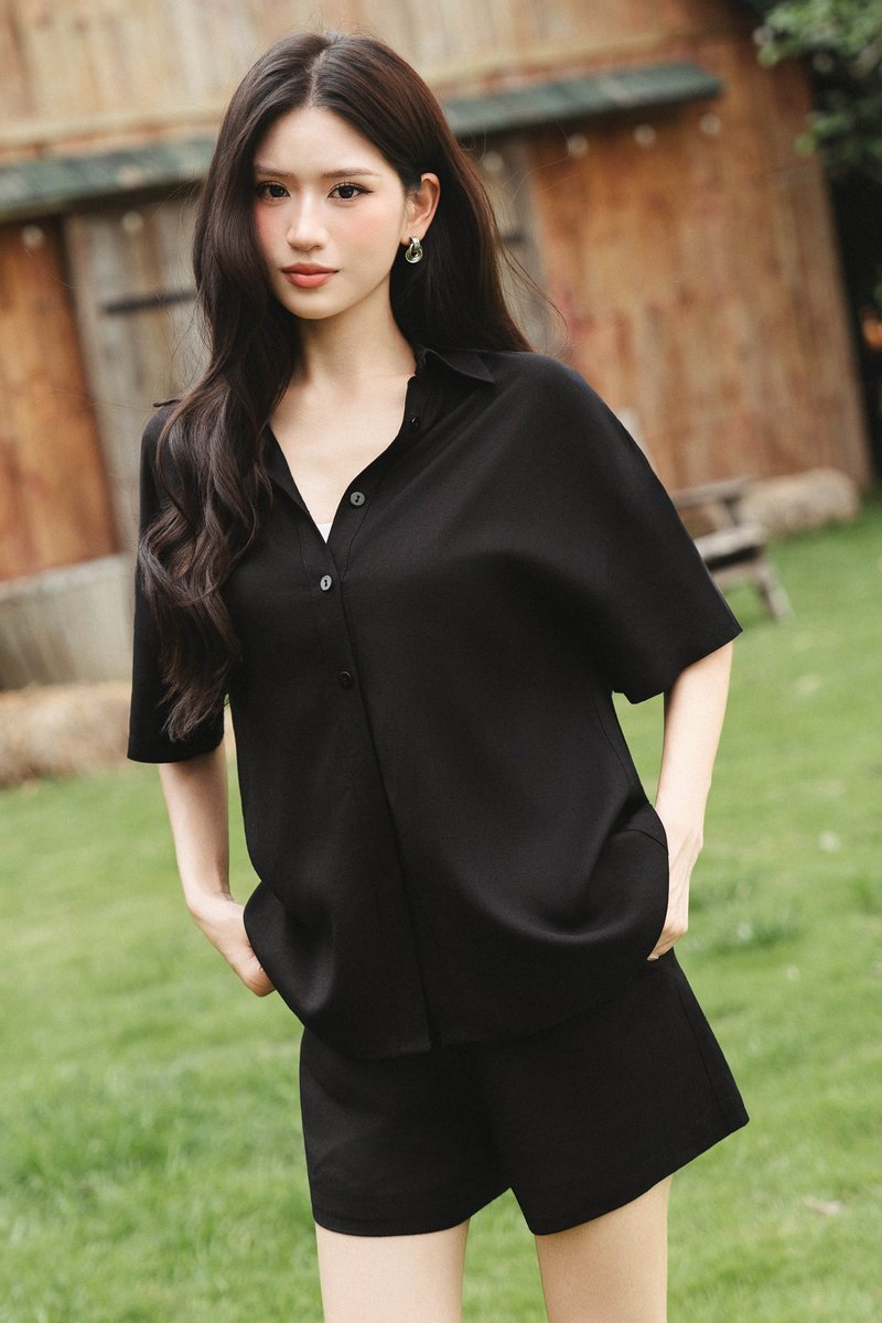FABLE FAUX LINEN SHORT SLEEVE SHIRT (BLACK)