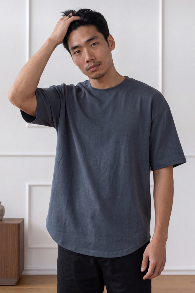 MENS CURVE HEM T-SHIRT (BLUE GREY)