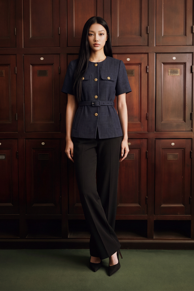 SUZY SLEEVED TWEED TOP (NAVY)