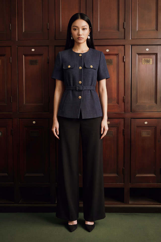 SUZY SLEEVED TWEED TOP (NAVY)