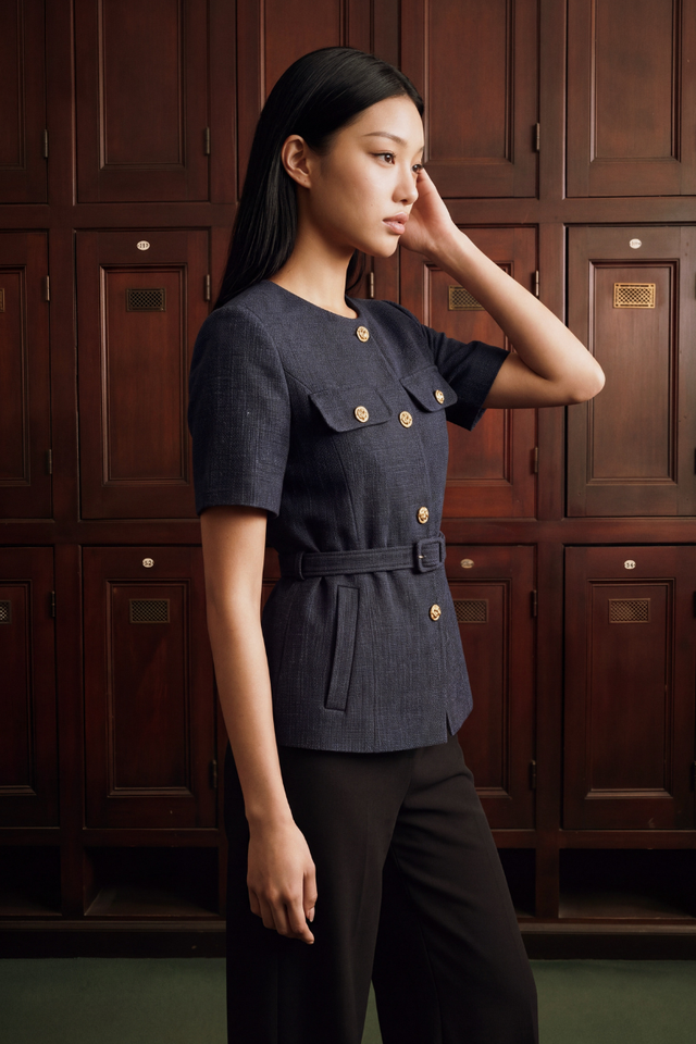 SUZY SLEEVED TWEED TOP (NAVY)