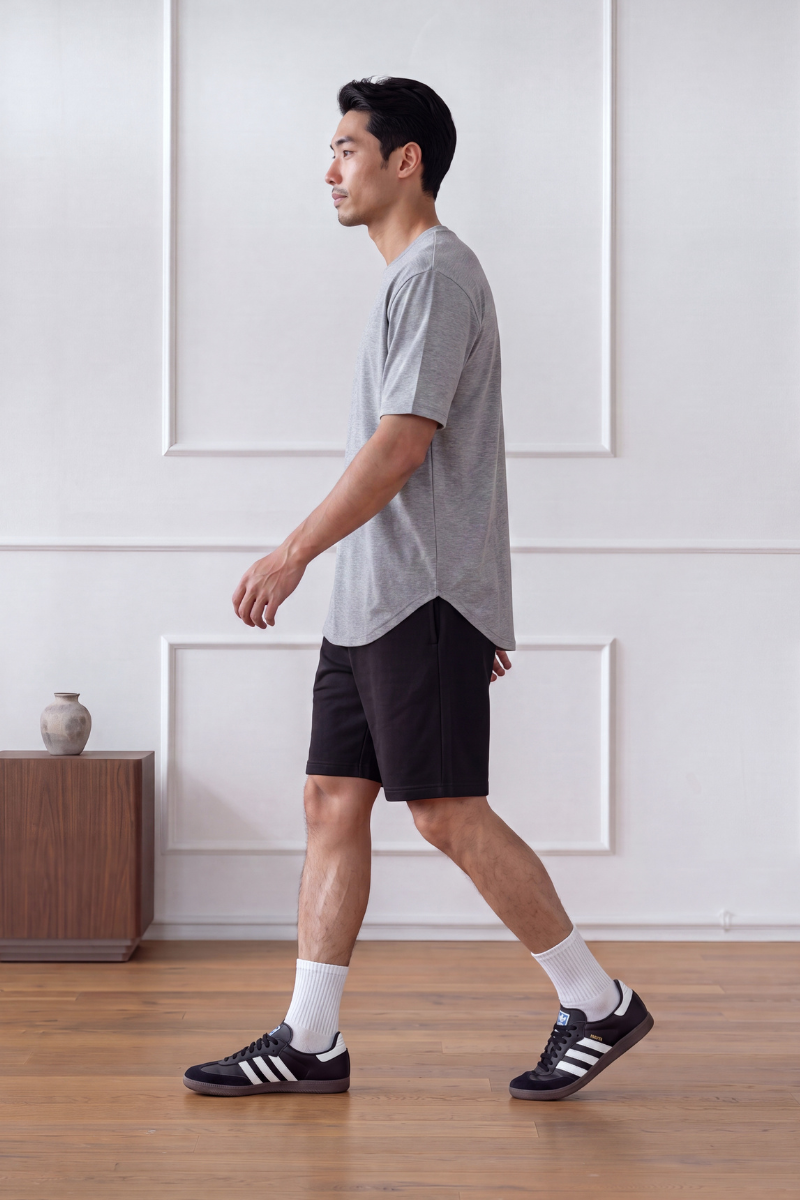 MENS CURVE HEM T-SHIRT (HEATHER GREY)