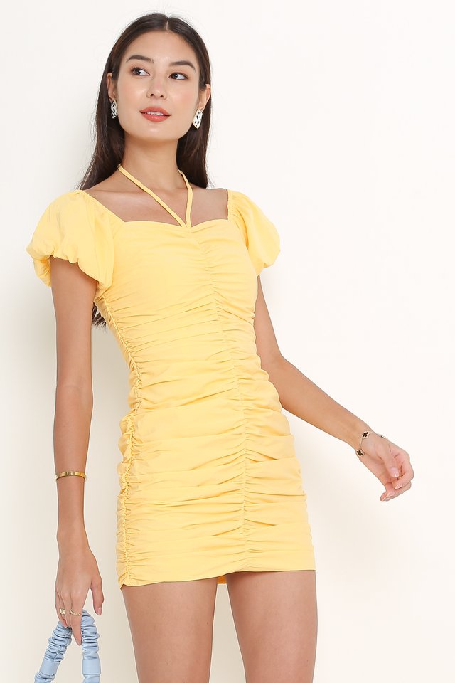 RICELLE RUCHED DRESS (AMBER YELLOW)