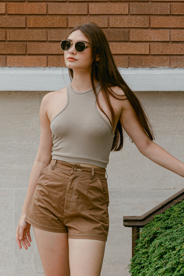 CORY CONTRAST STITCH SHORTS (BROWN)